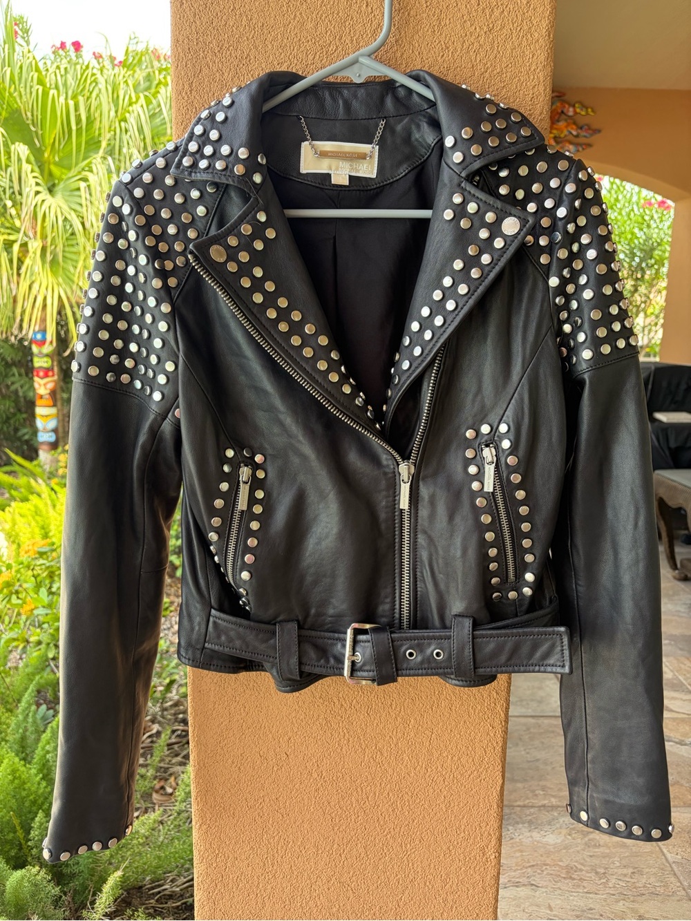 MICHAEL KORS Black Lamb Leather Silver Studded MOTO Jacket SZ XS